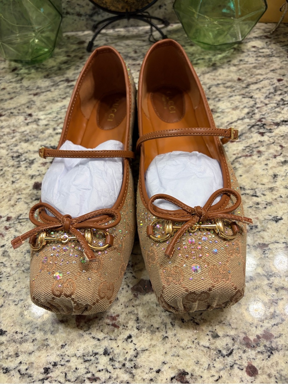 Tan Crystal-Embellished Mary Jane Flats